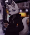 anthro arctic_fox bandage big_tail black_clothing black_hoodie black_nose black_topwear blurred_background canid canine clothing coffee_cup container cup eyebrows eyelashes eyeliner female fluffy fluffy_ears fluffy_tail fox fur hand_in_pocket holding_coffee_cup holding_container holding_cup holding_object hoodie lace liskaart looking_at_viewer makeup mammal pockets purple_eyes slim solo tail topwear true_fox vapour vulpini white_body white_fur white_tail