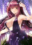  1girl arm_up armpits bangs bare_shoulders blush breasts cleavage collarbone dress eyebrows_visible_through_hair fate/grand_order fate_(series) flower hair_between_eyes hair_intakes highres large_breasts long_hair looking_at_viewer noixen petals purple_dress purple_hair red_eyes scathach_(fate)_(all) scathach_(fate/grand_order) sideboob smile solo veil wisteria 