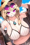  :d animal_ear_fluff animal_ears arknights arm_up bare_shoulders bikini bikini_top_only blonde_hair blush braid breasts brown_jacket brown_shorts cleavage collarbone day dutch_angle eyewear_on_head grin hat highres holding holding_sword holding_weapon huge_breasts jacket jewelry long_hair long_sleeves looking_at_viewer navel necklace off_shoulder official_alternate_costume open_clothes open_jacket outdoors parted_lips pink_eyes pinkboy purple-tinted_eyewear round_eyewear short_shorts shorts side_braid smile straw_hat striped_bikini striped_clothes sunglasses swimsuit sword tinted_eyewear upper_body utage_(arknights) utage_(summer_flowers)_(arknights) vertical-striped_bikini vertical-striped_clothes weapon yellow_hat 