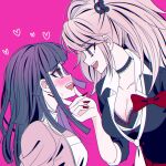  2girls :d bear_hair_ornament black_bra black_choker black_shirt blush bow bra breasts choker cleavage collarbone danganronpa:_trigger_happy_havoc danganronpa_(series) danganronpa_2:_goodbye_despair enoshima_junko eye_contact hair_ornament heart highres large_breasts looking_at_another multiple_girls nail_polish necktie pink_background pink_shirt pleated_skirt red_bow red_nails red_skirt revision satori_(aosky9077) shirt skirt smile teeth tsumiki_mikan twintails underwear upper_body upper_teeth_only white_necktie 