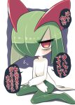  bags_under_eyes colored_skin flying_sweatdrops green_hair hair_over_one_eye highres horns ino_(tellu0120) kirlia looking_at_viewer multicolored_skin on_floor pink_eyes pokemon pokemon_(creature) sidelocks sitting sweatdrop translation_request two-tone_skin white_skin 