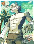 abs absurd_res anthro antlers beach beastars bill_(beastars) bottomwear canid canine canis cheek_tuft claws clothing cloud deer dialogue english_text facial_tuft felid hi_res horn legoshi_(beastars) louis_(beastars) male mammal outside palm_tree pantherine pants plant shirtless sky smile solo solo_focus speech_bubble text tiger tree tuft undressing vanadiumvalor whiskers wolf