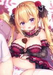  1girl arm_warmers babydoll bare_shoulders blonde_hair bow bow_panties breasts cameltoe candy chocolate chocolate_heart cleavage commentary_request crotch_seam detached_collar flower food hair_flower hair_ornament heart large_breasts long_hair looking_at_viewer mitsuba_choco navel open_mouth original panties purple_eyes rose smile solo stomach thighhighs tiara twintails underwear underwear_only white_legwear white_panties 