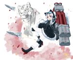  1girl 2022 absurdres animal_ears anti-ship_missile azur_lane chang_chun_(azur_lane) coat dated destroyer fur-trimmed_coat fur_trim goggles grey_hair happy_new_year high_heels highres knee_pads leggings long_hair military_vehicle red_eyes rocket_launcher ship signature tiger tiger_ears tiger_girl warship watercraft weapon white_hair white_leggings wpfxy zipper 