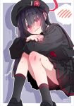  1girl artist_name beret black_hair black_hat black_sailor_collar black_skirt black_socks blue_archive blush crossed_arms feet_out_of_frame halo hashtag-only_commentary hat highres itsk_ne justice_task_force_member_(blue_archive) knees_to_chest long_hair long_sleeves looking_at_viewer neckerchief pleated_skirt red_eyes red_halo red_neckerchief sailor_collar sitting skirt socks solo spoken_blush sweat thighs twitter_username wavy_mouth 