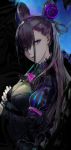  1girl amo_(silent_bomb19) breasts fate/grand_order fate_(series) from_side hair_ornament holding juliet_sleeves large_breasts long_hair long_sleeves looking_at_viewer looking_to_the_side murasaki_shikibu_(fate) parted_lips puffy_sleeves purple_eyes purple_hair solo upper_body 