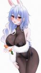 1girl :p acedia animal_ear_fluff animal_ears black_bodysuit black_leotard blue_hair blush bodysuit breasts carrot cleavage collarbone detached_sleeves fur_sleeves groin hair_between_eyes highres holding holding_carrot hololive large_breasts leaning_forward leotard long_braid looking_at_viewer pekomama rabbit_ears see-through_bodysuit simple_background solo thigh_gap tongue tongue_out twitter_username virtual_youtuber white_background 