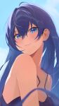  1girl absurdres bare_shoulders blue_eyes blue_hair blue_sky blurry blurry_foreground blush breasts camisole closed_mouth commentary_request day depth_of_field edible_sus hair_between_eyes highres looking_at_viewer original outdoors purple_camisole sky solo spaghetti_strap upper_body 