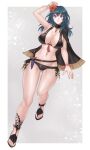  1girl absurdres arm_up bare_legs bikini black_bikini black_cape black_footwear blue_eyes blue_hair byleth_(female)_(fire_emblem) byleth_(fire_emblem) cape commentary fire_emblem fire_emblem:_three_houses fire_emblem_heroes flower full_body groin hair_flower hair_ornament hazuki_(nyorosuke) highres long_hair looking_at_viewer navel red_flower sandals single_bare_shoulder solo stomach swimsuit thighs 