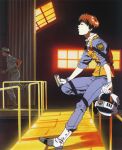  1990s_(style) 1boy 1girl boots catwalk_(walkway) closed_eyes dusk gloves hangar hat helmet highres izumi_noa jumpsuit kidou_keisatsu_patlabor official_art police police_uniform policewoman promotional_art red_hair resting retro_artstyle running scan shinohara_asuma short_hair sunlight uniform unworn_headwear unworn_helmet vest window 