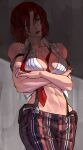  1girl abs bare_shoulders breasts cleavage crop_top cropped_shirt crossed_arms highres large_breasts lips lipstick makeup mature_female midriff muscular muscular_female navel necktie open_clothes open_shirt pants pinstripe_pants pinstripe_pattern red_eyes red_hair red_necktie shirt short_hair simple_background sleeveless snk solo striped_clothes striped_pants suspenders syachiiro the_king_of_fighters the_king_of_fighters_xiv vanessa_(kof) vertical-striped_clothes vertical-striped_pants 