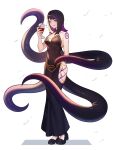  1girl absurdres alcohol bare_shoulders black_dress black_hair body_markings breasts commission commissioner_upload cup dress drinking_glass highres leg_tattoo looking_at_viewer medium_breasts modakawa_dress monster_girl multicolored_hair non-web_source original purple_eyes purple_hair shiimidori shoko_the_alien shoulder_tattoo solo tattoo tentacles thighs wine wine_glass 
