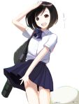 1girl :d arm_up ascot bad_drawr_id bad_id bag bare_arms bare_legs black_hair blue_ascot brown_eyes brown_hair buttons character_request collared_shirt copyright_request creature kokudou_juunigou looking_at_viewer open_mouth pleated_skirt school_bag school_uniform shirt short_hair short_sleeves simple_background skirt smile solo standing teeth translation_request upper_teeth_only white_background white_shirt 