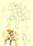 anthro canid canine domestic_cat felid feline felis flaccid fox front_view fur genitals hair hi_res looking_aside male mammal mouth_closed narrowed_eyes nude oselotti oselotti_(character) penis rear_view short_hair sitting sketch solo spread_legs spreading yellow_body yellow_fur