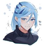  +++ 1boy aqua_eyes black_sweater blue_hair blush colored_eyelashes commentary_request eyelashes grin grusha_(pokemon) hair_between_eyes male_focus medium_hair mocacoffee_1001 pokemon pokemon_sv signature smile solo sweater tearing_up teeth upper_body white_background 