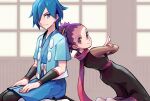  1boy 1girl blue_eyes blue_hair closed_mouth commentary english_commentary eyelashes falkner_(pokemon) ffccll hair_over_one_eye highres indoors janine_(pokemon) ninja pink_scarf pokemon pokemon_hgss purple_eyes purple_hair sash scarf seiza short_hair sitting smile teeth white_sash 