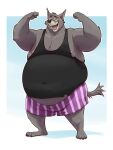 2019 2024 anthro belly big_belly canid canine canis clothing disney eclipticafusion grey_body hi_res male mammal moobs nipples overweight overweight_male robin_hood_(disney) sheriff_of_nottingham shirt simple_background solo topwear underwear wolf
