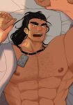  1boy abs bara bead_necklace beads beard_stubble black_hair blush crave_saga dark-skinned_male dark_skin facial_hair ginjimaru_(crave_saga) held_down hickey jewelry large_pectorals long_hair looking_at_viewer male_focus muscular muscular_male nattukre necklace nipples pectorals pov restrained scar scar_on_face scar_on_nose solo sparse_chest_hair stubble tearing_up thick_eyebrows v-shaped_eyebrows 