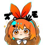  1girl :3 a.i._voice adachi_rei bow bowtie chibi closed_mouth commentary_request food_costume fried_chicken gorilla_ultra hair_bow hair_ornament hairclip headlamp highres looking_at_viewer orange_eyes orange_hair radio_antenna red_bow short_hair simple_background solo star_(symbol) translation_request utau v-shaped_eyebrows white_bow white_bowtie 