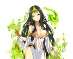  1girl armlet bare_shoulders bracelet breasts circlet closed_mouth cobra_(animal) cowboy_shot detached_sleeves dot_nose dress ellaim_(master_of_eternity) fumes game_cg gem gold_armlet gold_bracelet gold_choker gold_circlet gradient_eyes green_eyes green_gemstone green_hair hand_up head_tilt jewelry large_breasts long_hair looking_at_viewer master_of_eternity multicolored_eyes navel non-web_source official_art orange_eyes pelvic_curtain plunging_neckline poison simple_background smile solo transparent_background very_long_hair white_dress 