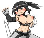  1girl belt black_belt black_eyes black_hair bouncing_breasts breasts breasts_out cannsk clenched_hand commentary_request detached_sleeves fighting_stance fingerless_gloves frown gloves grey_gloves grey_pants groin kurogane_arumi large_breasts linea_alba midriff mma_gloves motion_lines navel nipples original pants serious solo sweat twintails upper_body v-shaped_eyebrows 
