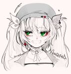  1girl absurdres character_name dokibird_(vtuber) earrings english_commentary green_eyes hat highres indie_virtual_youtuber jacket jewelry oriigirii simple_background single_earring sketch smile spot_color twintails twitter_username upper_body virtual_youtuber white_background 