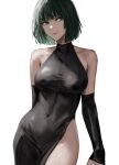  1girl alternate_costume bare_shoulders black_dress black_sleeves breasts covered_navel covered_nipples detached_sleeves dress english_commentary fubuki_(one-punch_man) green_eyes green_hair highres large_breasts looking_to_the_side one-punch_man pelvic_curtain raberu_ruru short_hair side_slit sleeveless sleeveless_dress sleeves_past_wrists smile solo white_background 