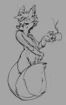 anthro canid canine cheek_tuft dipstick_ears facial_tuft featureless_crotch fox holding_mug holding_object looking_at_viewer male mammal monochrome mouth_closed mug multicolored_ears narrowed_eyes nude oselotti simple_background sketch solo standing tail tuft