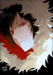  1boy absurdres artist_name black_hair close-up copyright_name dated durarara!! eromkk from_side fur-trimmed_hood fur_trim highres hood hood_up looking_at_viewer male_focus orihara_izaya parted_lips portrait red_eyes short_bangs short_hair signature smile solo 