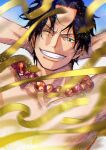  1boy bead_necklace beads black_eyes black_hair clenched_teeth commentary_request english_commentary freckles highres jewelry looking_at_viewer male_focus mixed-language_commentary necklace oda_eiichirou official_art one_eye_closed one_piece portgas_d._ace short_hair smile solo teeth topless_male 