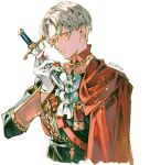  1boy ascot black_jacket blood blood_on_gloves blood_on_knife blue_eyes cloak dagger dimitri_alexandre_blaiddyd fire_emblem fire_emblem:_three_houses gloves gold_trim grey_hair highres holding holding_dagger holding_knife holding_weapon jacket knife looking_at_viewer male_focus military_jacket negi_(fufufuyu) parted_bangs parted_lips red_cloak short_hair solo twitter_username upper_body weapon white_ascot white_background white_gloves 