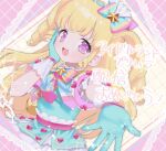  1girl :d blonde_hair blue_gloves blue_shirt blush commentary_request gloves hand_on_own_cheek hand_on_own_face highres idol_clothes idol_time_pripara long_hair looking_at_viewer open_mouth pink_background pretty_series pripara purple_eyes ringlets sash shirt shoulder_sash smile solo star_(symbol) translation_request two_side_up upper_body yuiitsu yumekawa_yui 