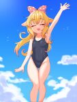  1girl artist_request bare_arms bare_legs blonde_hair blue_one-piece_swimsuit blue_sky bow breasts closed_eyes cloud commentary covered_navel feet_out_of_frame gradient_hair hair_bow hair_flaps highres idol_corp long_hair momo_otako multicolored_hair one-piece_swimsuit open_mouth orange_hair polka_dot polka_dot_bow school_swimsuit sidelocks simple_bird sky small_breasts solo standing swimsuit two-tone_hair very_long_hair virtual_youtuber water_drop waving 