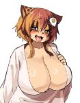  1girl animal_ears animal_nose bags_under_eyes blush body_fur breasts brown_hair cleavage egg_hair_ornament food-themed_hair_ornament hair_between_eyes hair_ornament highres huge_breasts kagarimachi_konatsu looking_at_viewer multicolored_hair nekotsuki_kohime_(kagarimachi_konatsu) open_mouth original simple_background solo tareme upper_body white_background yellow_eyes 