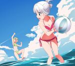  2girls arm_up ball beachball bikini blonde_hair blue_sky blush breasts cloud cloudy_sky frilled_bikini frills gotokuayashi green_bikini green_eyes holding holding_ball leg_up looking_back medium_breasts multiple_girls navel ocean open_mouth original outdoors partially_submerged sky small_breasts swimsuit two-tone_bikini white_bikini white_hair 