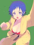  1girl belt black_belt blue_eyes blue_hair blush bra breasts cleavage dougi fingernails green_background green_hair highres hisho_collection karate_gi large_breasts looking_at_viewer nagisa_kurousagi open_mouth pants pink_eyes red_bra short_hair simple_background solo sweat underwear yellow_pants 