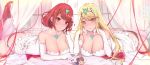  2girls ass bare_shoulders bed bed_sheet black_legwear black_panties blonde_hair blush breasts brown_hair butt_crack character_doll cleavage closed_mouth commentary_request curtains day doll dress dual_persona earrings elbow_gloves eyebrows_visible_through_hair feet flower gem gloves hair_ornament headpiece heart highres hikari_(xenoblade_2) homura_(xenoblade_2) jewelry large_breasts long_hair lying morning_glory multiple_girls on_stomach panties red_eyes red_hair red_legwear red_panties revision rex_(xenoblade_2) rose sherryqq short_hair smile thighhighs tiara toes underwear very_long_hair wedding_dress white_background white_dress white_gloves window xenoblade_(series) xenoblade_2 yellow_eyes 