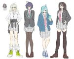  4girls aged_up ahoge akoya_matama anemo_nemo aqua_eyes aqua_hair araga_kiwi black_hair black_jacket black_pantyhose black_thighhighs blazer blue_hair blue_hoodie brown_hair clothes_around_waist fang full_body hair_over_one_eye hands_on_own_hips highres hiiragi_utena hood hoodie jacket jacket_around_waist long_hair long_sleeves looking_at_phone looking_at_viewer mahou_shoujo_ni_akogarete multicolored_hair multiple_girls necktie pantyhose phone pink_eyes pleated_skirt saiki_(mumei_912) school_uniform short_hair simple_background sketch skirt smile streaked_hair striped_necktie thighhighs tied_jacket twintails white_background yellow_eyes 