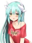  1girl bare_shoulders blush breasts buster_shirt collarbone dragon_girl dragon_horns fate/grand_order fate_(series) green_hair horns kiyohime_(fate) long_hair looking_at_viewer medium_breasts multiple_horns off_shoulder open_mouth red_shirt sen_(astronomy) shirt short_sleeves smile solo thighs yellow_eyes 