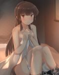  1girl absurdres artist_request bangs bed black_hair black_legwear blanket blunt_bangs blush breasts brown_eyes brown_hair cum cum_on_clothes eyebrows_visible_through_hair frown glaring highres hime_cut juujou_hiyori knees_together_feet_apart long_hair looking_at_viewer nipples on_bed pantyhose pantyhose_pull pout shippou_(pattern) sitting small_breasts solo toji_no_miko topless 