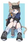  1girl absurdres ahoge almond_(arknights) animal_ears arknights bandaid bandaid_on_knee bandaid_on_leg between_legs black_footwear black_hat blue_background blue_eyes blue_jacket blush bone_hair_ornament brown_hair cartoon_bone commentary convenient_arm cross-laced_footwear dog_ears dog_girl dog_tail fanny_pack fingerless_gloves full_body gloves grey_gloves grey_skirt grey_socks grin hair_ornament hairclip hand_between_legs hand_on_own_chin head_rest highres jacket looking_at_viewer miniskirt minowa_sukyaru pleated_skirt shoes short_hair simple_background sitting skirt smile sneakers socks solo symbol-only_commentary tail visor_cap 