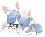  2girls animal_ear_fluff animal_ears black_scarf blue_fur blue_hair braid carrot carrot_hair_ornament closed_eyes don-chan_(usada_pekora) feko food-themed_hair_ornament fur_scarf hair_ornament hololive hololive_fantasy mother_and_daughter multiple_girls pekomama pekomon_(usada_pekora) rabbit rabbit-shaped_pupils rabbit_ears rabbit_girl rabbit_tail scarf short_eyebrows symbol-shaped_pupils tail twin_braids usada_pekora virtual_youtuber white_background 