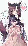  2girls absurdres animal_ears biting black_hair brown_eyes brown_hair dress ear_biting hands_on_another&#039;s_shoulders haruwaka_064 heart highres imaizumi_kagerou inaba_tewi multiple_girls pink_dress rabbit_ears rabbit_girl speech_bubble spoken_heart tail touhou white_background wolf_ears wolf_girl wolf_tail 