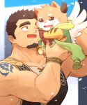  1boy animal arm_tattoo bara black_hair bracelet brown_eyes chimera collarbone crave_saga facial_hair goatee holding holding_animal horns jewelry light_particles male_focus muscular muscular_male nattukre one_eye_closed open_mouth orto_(crave_saga) protagonist_(crave_saga) short_hair smile tattoo tearing_up thick_eyebrows wings 