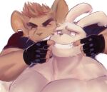  2boys bara blank_eyes borrowed_character clothed_male_nude_male couple ep06 forced_smile furrowed_brow furry furry_male furry_with_furry huge_eyebrows human_(uleez) large_pectorals male_focus mouse_boy multiple_boys muscular muscular_male nude original pectorals rabbit_boy rabbit_boy_(uleez) short_hair smile upper_body yaoi 
