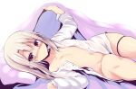  1girl bed_sheet blush breasts fate/kaleid_liner_prisma_illya fate_(series) illyasviel_von_einzbern long_hair long_sleeves looking_at_viewer navel open_clothes open_shirt pillow red_eyes sen_(astronomy) shirt sidelocks small_breasts smile solo thighs white_hair white_shirt 