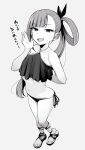  1girl arm_behind_back asymmetrical_bangs bikini frilled_bikini frills full_body greyscale hair_rings hand_up highres irogomi koga_(nue_no_onmyouji) long_hair looking_at_viewer monochrome navel nue_no_onmyouji open_mouth sandals side-tie_bikini_bottom side_ponytail simple_background solo standing swimsuit translation_request 