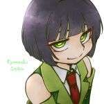  1girl bare_shoulders black_hair blunt_bangs bob_cut character_name closed_mouth collared_shirt commentary_request detached_sleeves green_eyes green_sleeves half-closed_eyes highres kuron_(uhhr2odhrppc5nw) kyoumachi_seika necktie red_necktie sanpaku shirt short_hair simple_background sleeveless sleeveless_jacket sleeveless_shirt smile solo upper_body voiceroid white_background white_shirt 