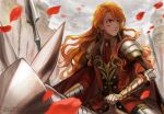  1boy armor ascot blood blood_on_face closed_mouth ferdinand_von_aegir fire_emblem fire_emblem:_three_houses fon-due_(fonfon) holding holding_polearm holding_weapon horseback_riding jacket long_hair looking_to_the_side male_focus orange_eyes orange_hair outdoors polearm red_ascot red_jacket red_petals riding solo very_long_hair wavy_hair weapon 