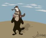 anthro big_dom_small_sub brown_body brown_fur carrying_another carrying_partner casual_nudity cloud domestic_ferret dominant duo fur gesture hand_gesture larger_male looking_off_camera looking_offscreen male male/male male_carrying_male mammal mustelid musteline otter pointing shadow simple_background size_difference sketchyartist smaller_male true_musteline weasel
